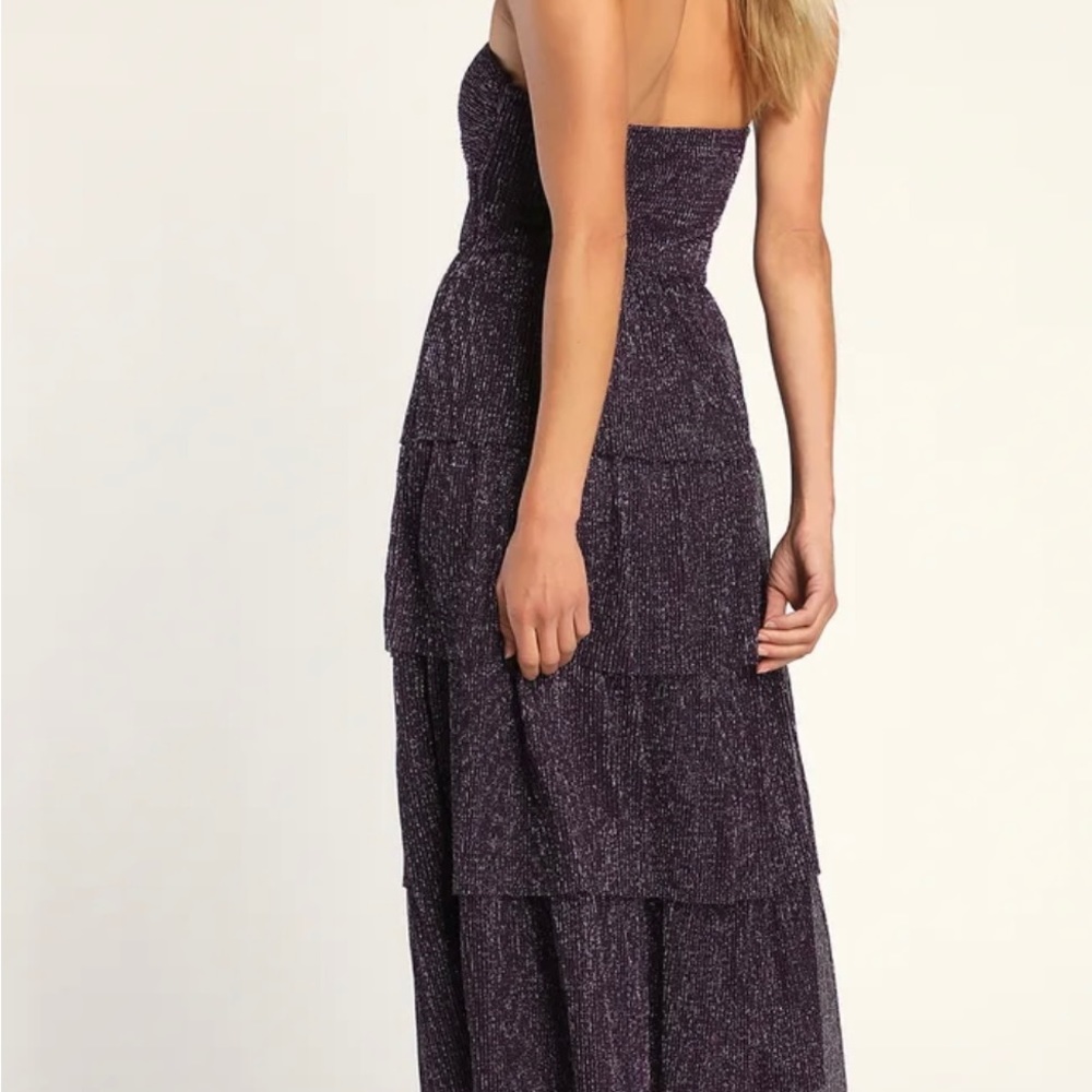 Tier to Dance Purple Shiny Lurex Tiered Strapless Midi Dress - Picture 5 of 6